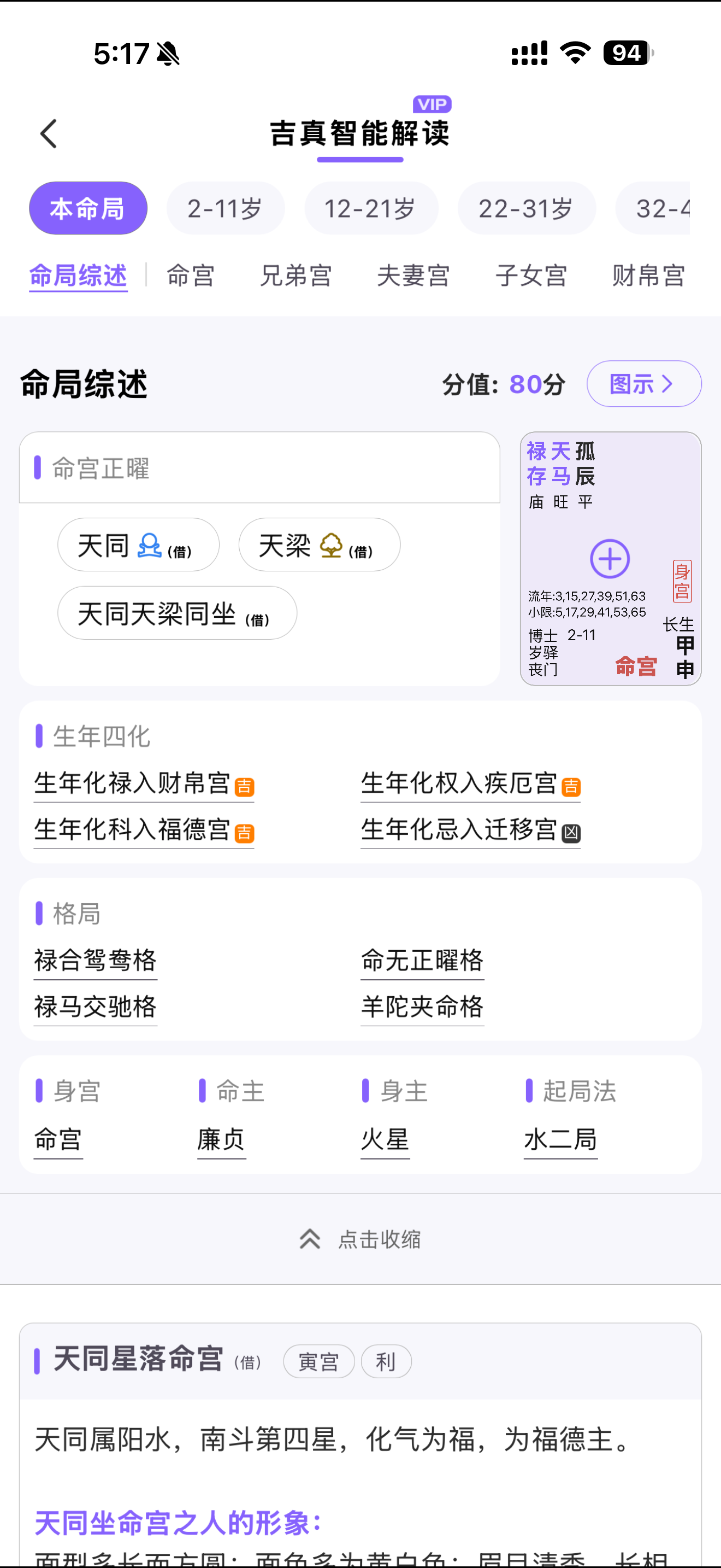 命局解读页,展示命局综述、生年四化、格局与宫位分析
