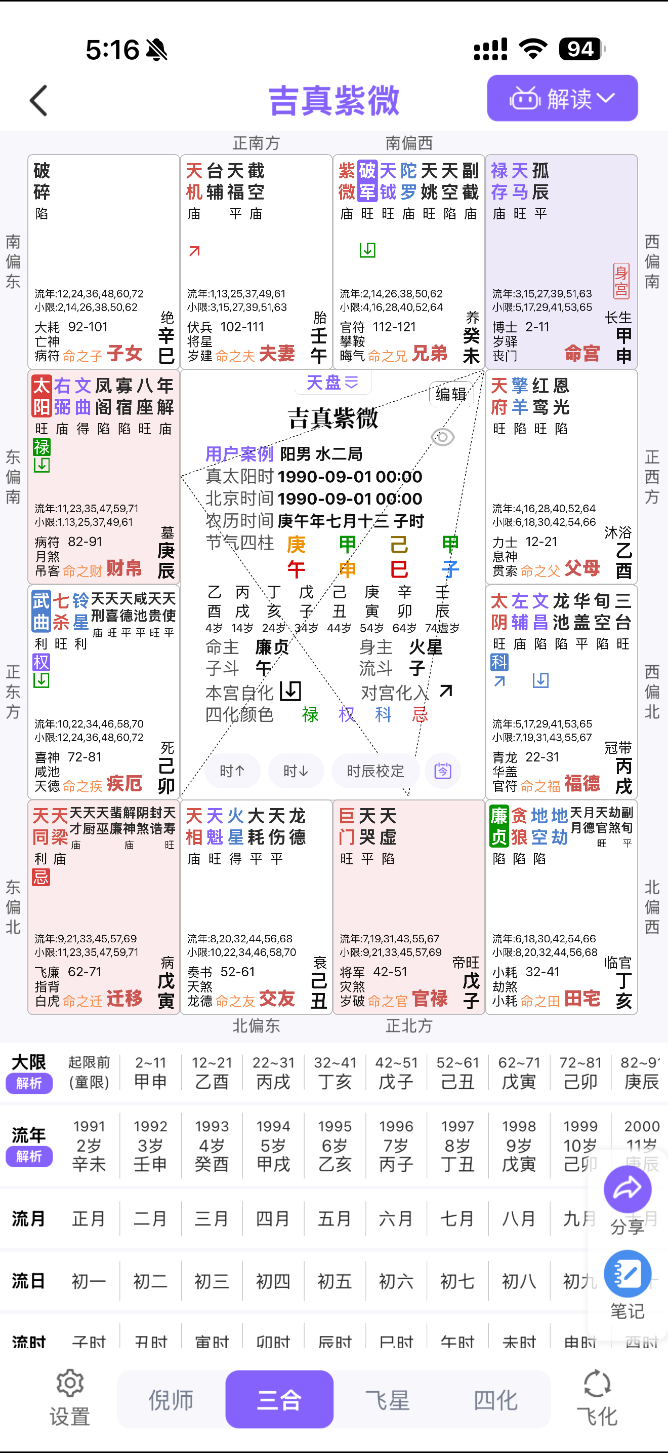 三合盘命盘页,集中显示十二宫、星曜、四化与大限流年信息